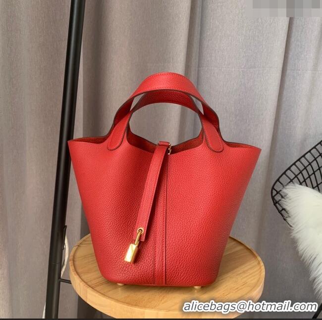 Top Design Hermes Picotin Lock Bag 18cm/22cm in Taurillon Clemence Leather H0701 Red/Gold (Full Handmade)