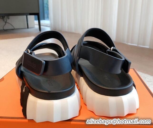 Stylish Hermes Electric Sandals in Calfskin Leather Black/White 326109