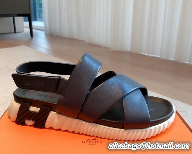 Stylish Hermes Electric Sandals in Calfskin Leather Black/White 326109