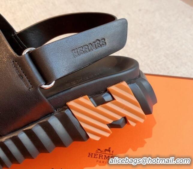 Purchase Hermes Electric Sandals in Calfskin Leather Black/Orange 326110