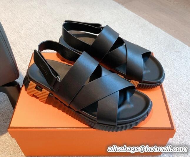 Purchase Hermes Electric Sandals in Calfskin Leather Black/Orange 326110