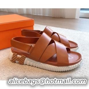 Sumptuous Hermes Electric Sandals in Calfskin Leather Light Brown 326111