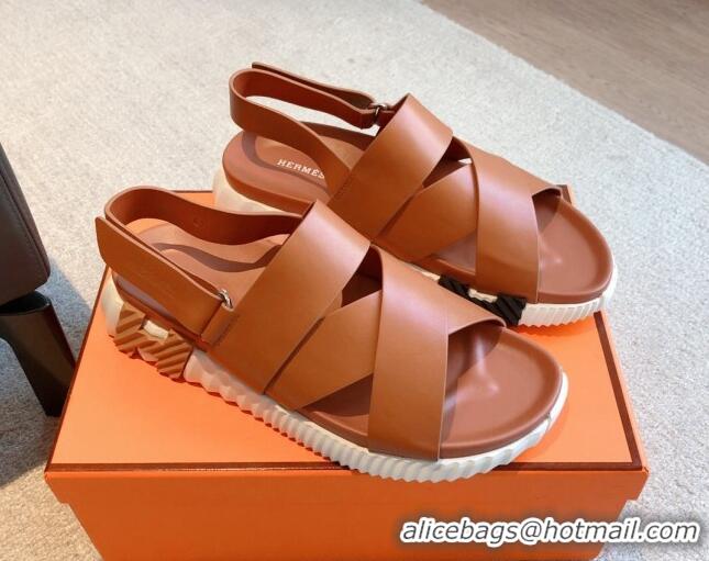 Sumptuous Hermes Electric Sandals in Calfskin Leather Light Brown 326111