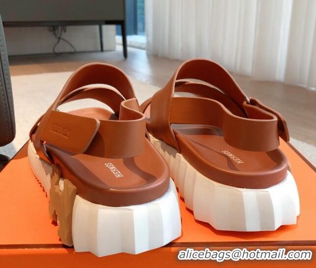 Sumptuous Hermes Electric Sandals in Calfskin Leather Light Brown 326111