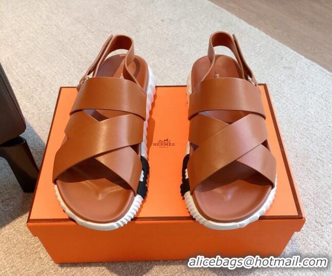 Sumptuous Hermes Electric Sandals in Calfskin Leather Light Brown 326111