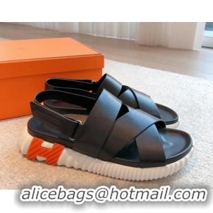 Pretty Style Hermes Electric Sandals in Calfskin Leather Black/Orange 326113