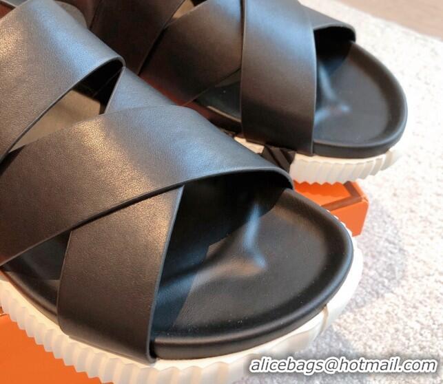 Pretty Style Hermes Electric Sandals in Calfskin Leather Black/Orange 326113