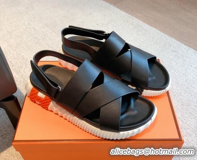 Pretty Style Hermes Electric Sandals in Calfskin Leather Black/Orange 326113