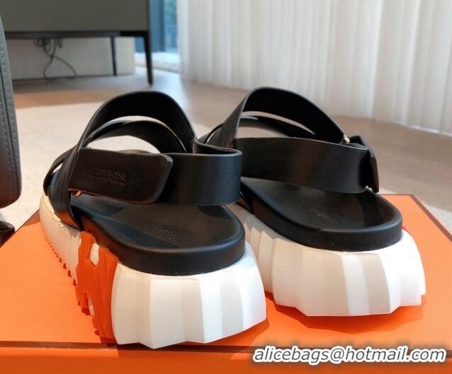 Pretty Style Hermes Electric Sandals in Calfskin Leather Black/Orange 326113