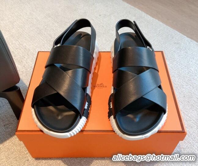 Pretty Style Hermes Electric Sandals in Calfskin Leather Black/Orange 326113