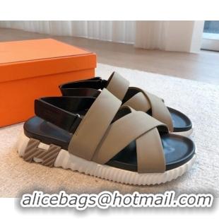 Charming Hermes Electric Sandals in Calfskin Leather Khaki 326114