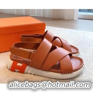 Perfect Hermes Electric Sandals in Calfskin Leather Brown/Orange 326116