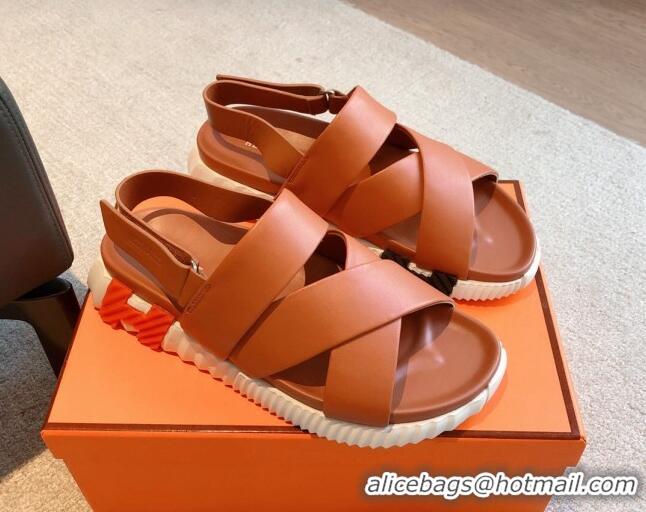 Perfect Hermes Electric Sandals in Calfskin Leather Brown/Orange 326116