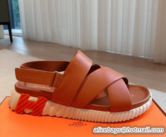 Perfect Hermes Electric Sandals in Calfskin Leather Brown/Orange 326116