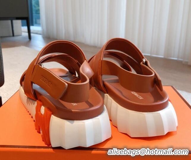 Perfect Hermes Electric Sandals in Calfskin Leather Brown/Orange 326116