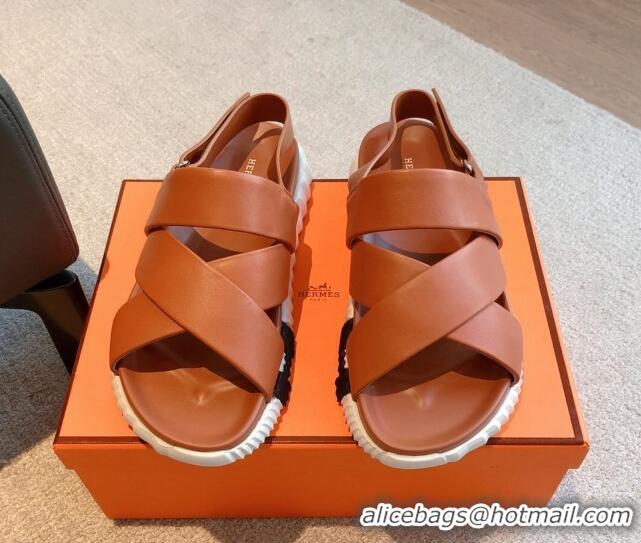 Perfect Hermes Electric Sandals in Calfskin Leather Brown/Orange 326116