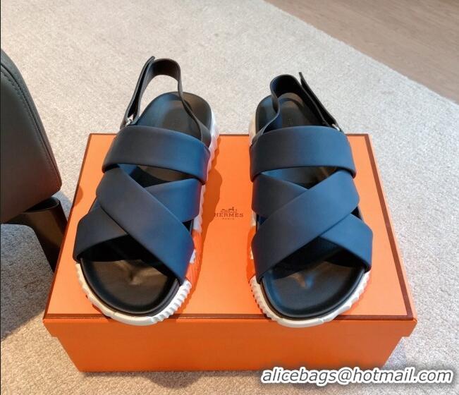 Hot Style Hermes Electric Sandals in Calfskin Leather Dark Blue 326117