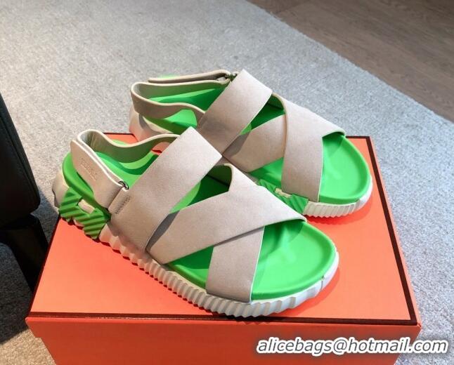 Grade Quality Hermes Electric Sandals in Suede Grey/Green 326118