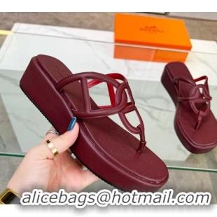 Low Cost Hermes Egerie Wedge Thong Slide Sandals in Nappa Calfskin Burgundy 326119