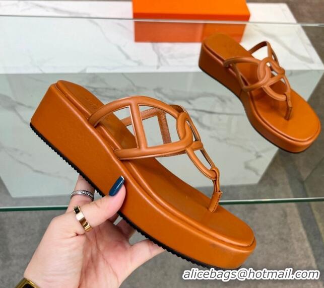 Top Grade Hermes Egerie Wedge Thong Slide Sandals in Nappa Calfskin Brown 326120