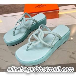 Pretty Style Hermes Egerie Wedge Thong Slide Sandals in Nappa Calfskin Light Green 326121