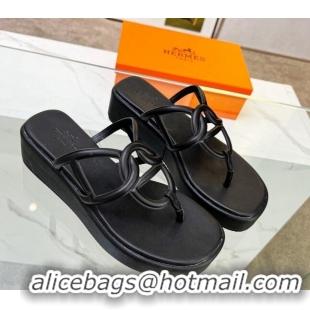 Unique Style Hermes Egerie Wedge Thong Slide Sandals in Nappa Calfskin Black 326122