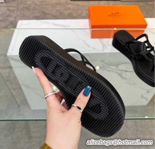 Unique Style Hermes Egerie Wedge Thong Slide Sandals in Nappa Calfskin Black 326122