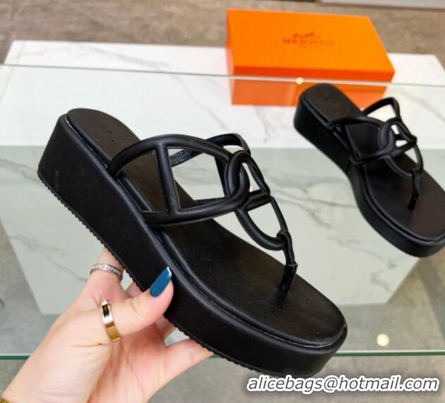 Unique Style Hermes Egerie Wedge Thong Slide Sandals in Nappa Calfskin Black 326122