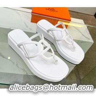 Best Grade Hermes Egerie Wedge Thong Slide Sandals in Nappa Calfskin White 326123