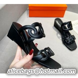 Low Price Hermes Gaby Leather Wedge Slide Sandals 5.5cm All Black 326124