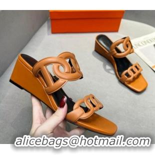 Good Quality Hermes Gaby Leather Wedge Slide Sandals 5.5cm Brown/Black 326125