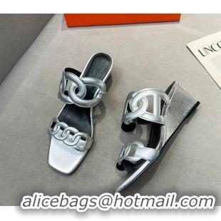 Durable Hermes Gaby Leather Wedge Slide Sandals 5.5cm Silver-Tone 326127