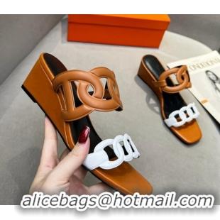 Best Price Hermes Gaby Leather Wedge Slide Sandals 5.5cm Brown/White 326128