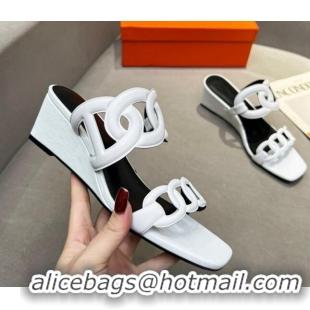 Top Design Hermes Gaby Leather Wedge Slide Sandals 5.5cm White/Black 326130