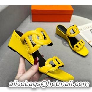 Good Looking Hermes Gaby Leather Wedge Slide Sandals 5.5cm Yellow 326131