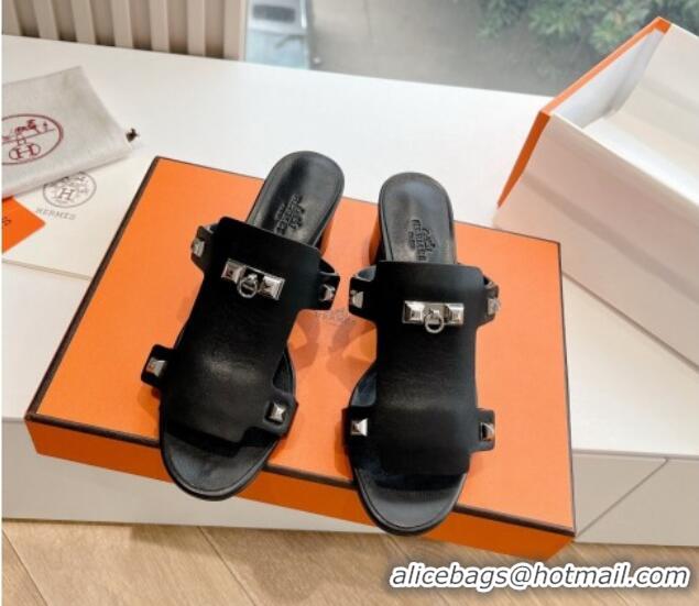 Buy Discount Hermes Calfskin Heel Slide Sandals Black 326134