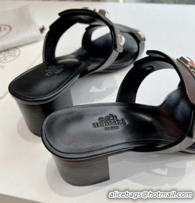 Buy Discount Hermes Calfskin Heel Slide Sandals Black 326134