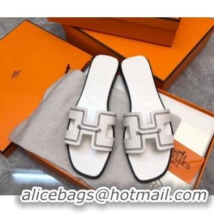 Good Quality Hermes Classic Oran Flat Slide Sandals in Calfskin with Stripes Embroidery White 327001