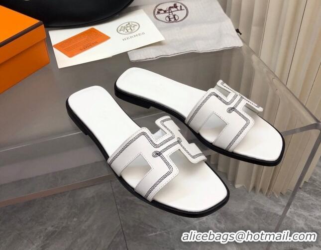 Good Quality Hermes Classic Oran Flat Slide Sandals in Calfskin with Stripes Embroidery White 327001