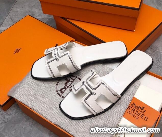 Good Quality Hermes Classic Oran Flat Slide Sandals in Calfskin with Stripes Embroidery White 327001