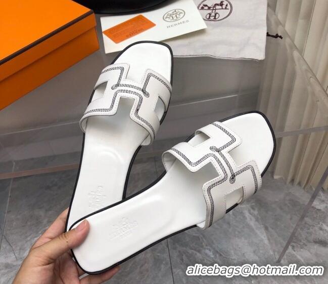 Good Quality Hermes Classic Oran Flat Slide Sandals in Calfskin with Stripes Embroidery White 327001