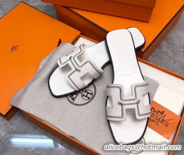 Good Quality Hermes Classic Oran Flat Slide Sandals in Calfskin with Stripes Embroidery White 327001