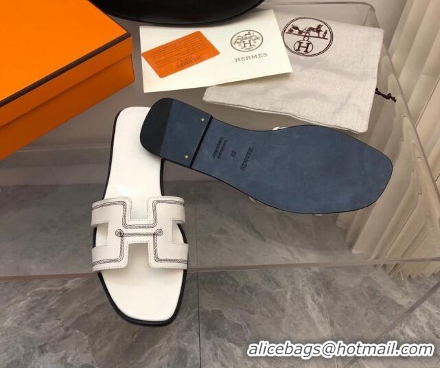 Good Quality Hermes Classic Oran Flat Slide Sandals in Calfskin with Stripes Embroidery White 327001