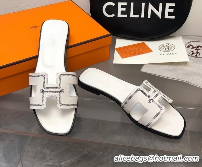 Good Quality Hermes Classic Oran Flat Slide Sandals in Calfskin with Stripes Embroidery White 327001