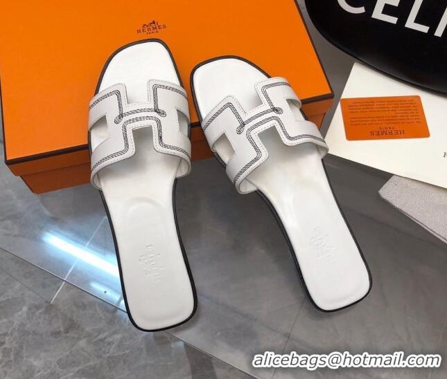 Good Quality Hermes Classic Oran Flat Slide Sandals in Calfskin with Stripes Embroidery White 327001