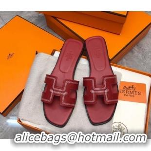 Trendy Design Hermes Classic Oran Flat Slide Sandals in Calfskin with Stripes Embroidery Red 327002