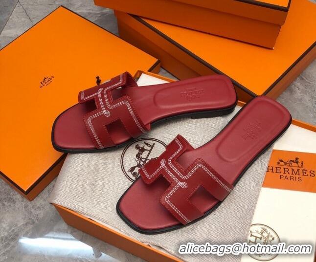 Trendy Design Hermes Classic Oran Flat Slide Sandals in Calfskin with Stripes Embroidery Red 327002