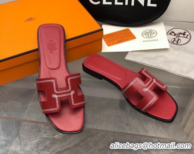 Trendy Design Hermes Classic Oran Flat Slide Sandals in Calfskin with Stripes Embroidery Red 327002