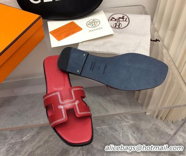 Trendy Design Hermes Classic Oran Flat Slide Sandals in Calfskin with Stripes Embroidery Red 327002