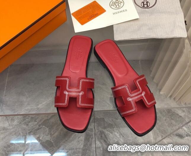 Trendy Design Hermes Classic Oran Flat Slide Sandals in Calfskin with Stripes Embroidery Red 327002